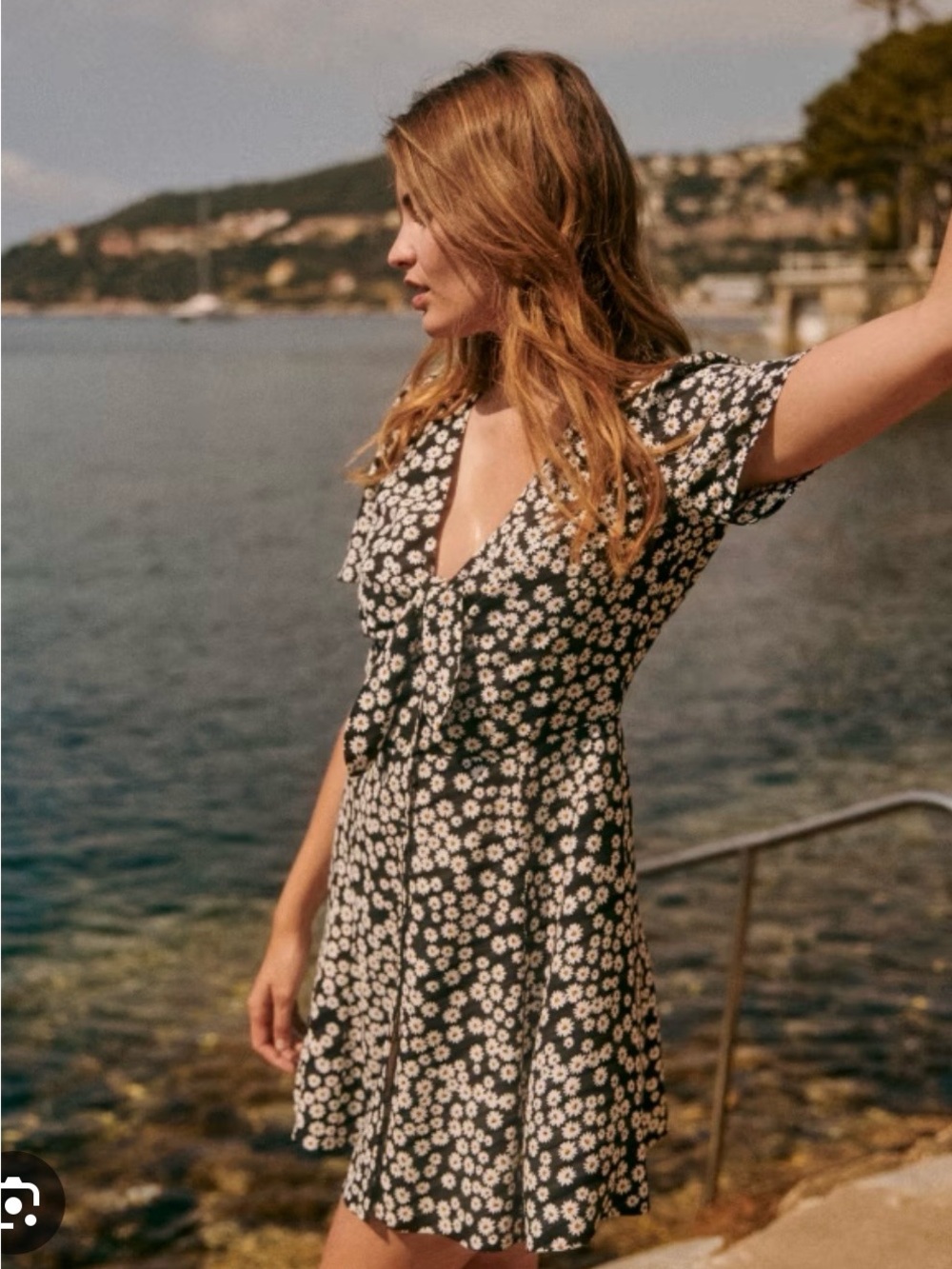 Sezane Black Mini Dress with White Daisy Print